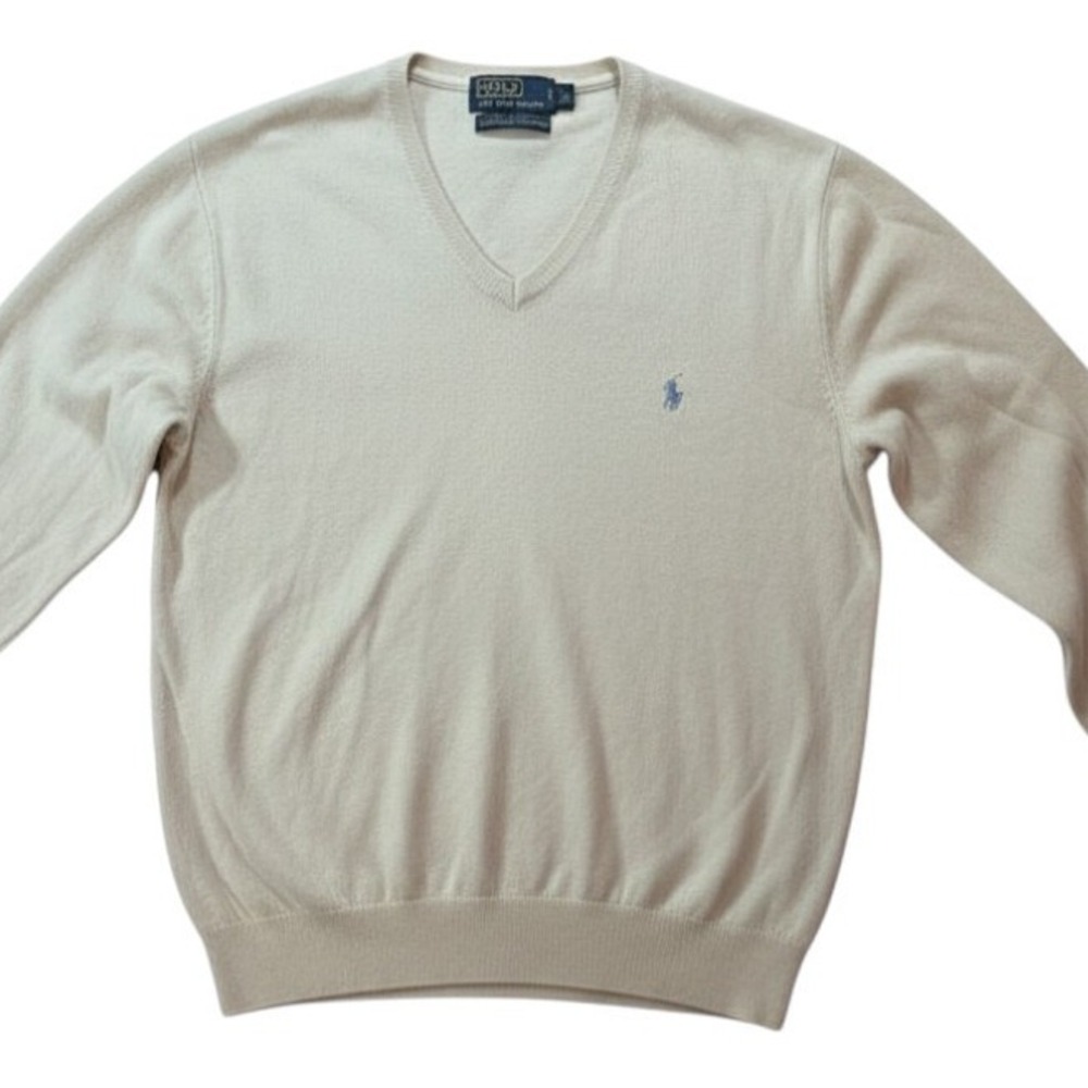 Polo Ralph Lauren V-Neck Sweater Mens M Cream Pima Cotton Pony Logo Knit Ivory